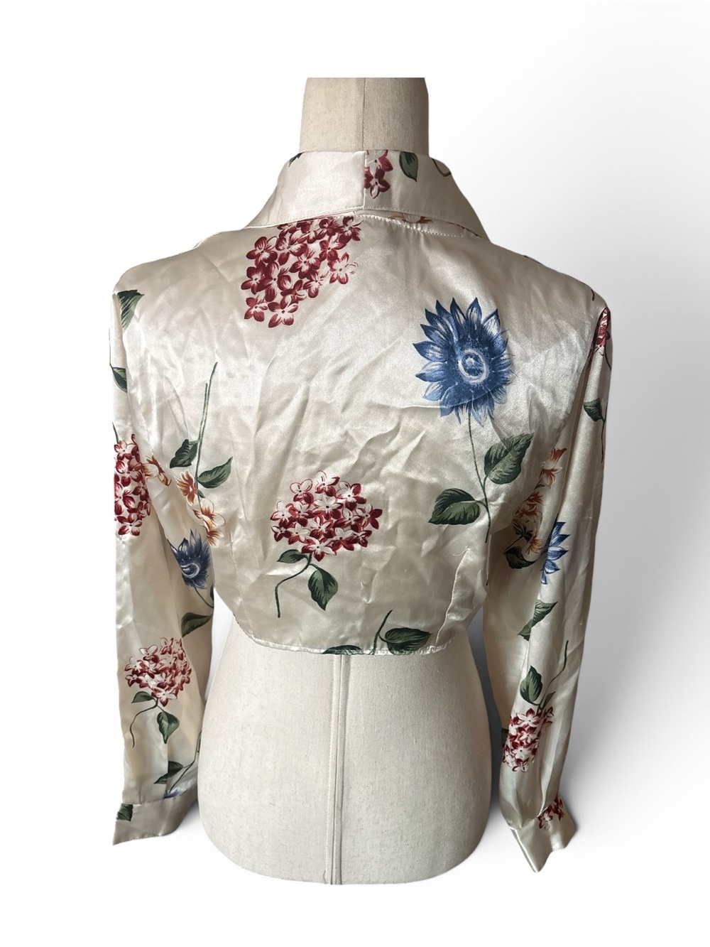 Vintage Tie-Front Satin Floral Blouse - Cream with Blue & Green Print - Picture 3 of 6